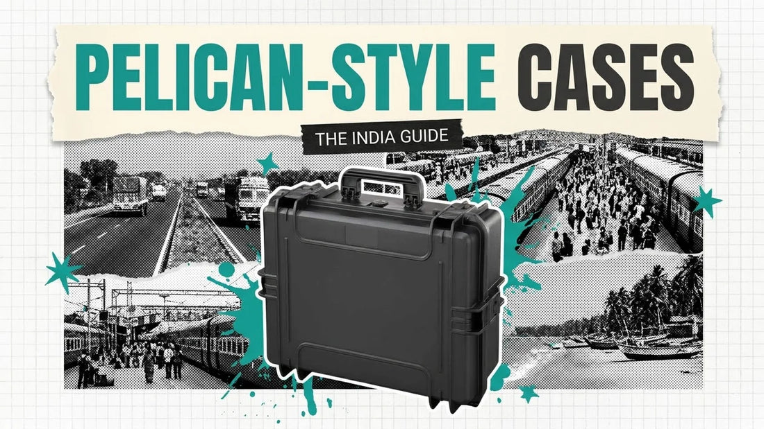 Black protective hard case over a collage of an Indian highway, railway platform and beach, headline Pelican-Style Cases The India Guide