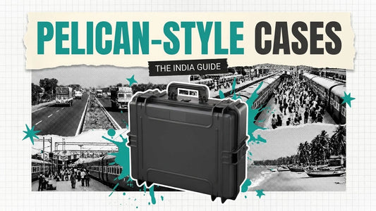 Black protective hard case over a collage of an Indian highway, railway platform and beach, headline Pelican-Style Cases The India Guide