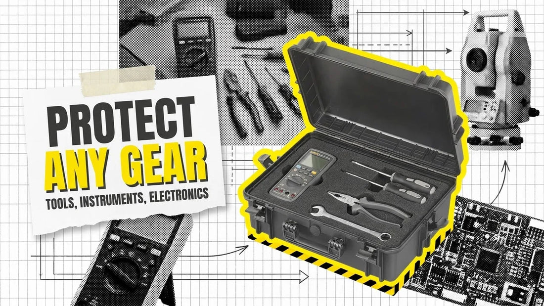 Open black protective hard case holding a multimeter and hand tools in cut foam, headline Protect Any Gear
