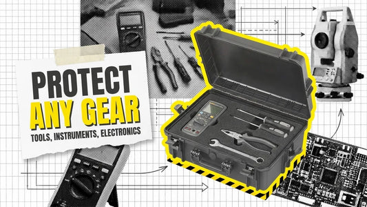 Open black protective hard case holding a multimeter and hand tools in cut foam, headline Protect Any Gear