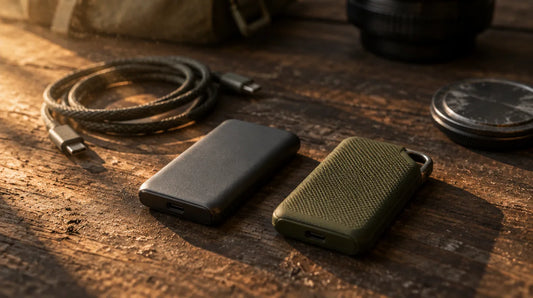 Two portable SSDs on a workbench in warm light, one smooth charcoal and one textured olive with a metal attachment loop, beside a USB-C cable, a lens cap and a camera bag