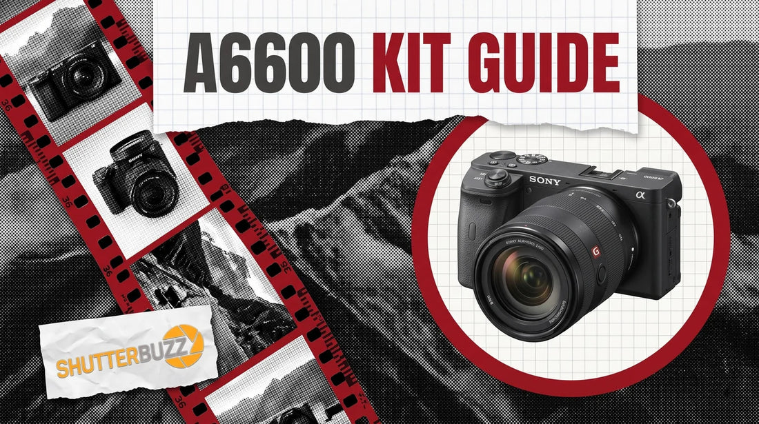 Film strip of halftone camera frames beside a Sony a6600 camera in a red ring, headline A6600 Kit Guide