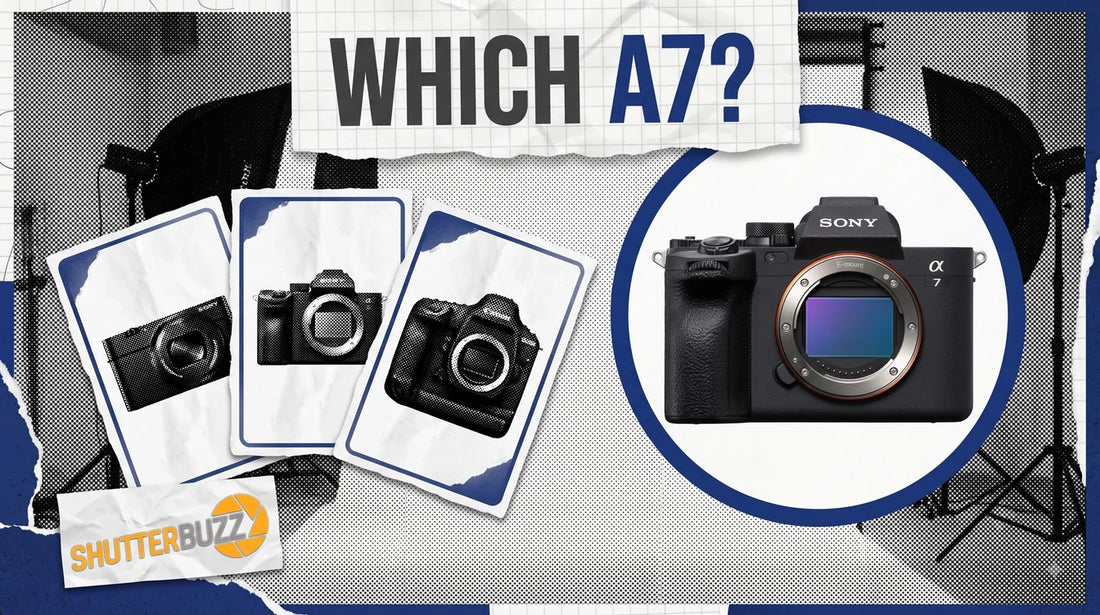 Three fanned camera cards beside a Sony a7 IV camera in a navy ring, headline Which A7