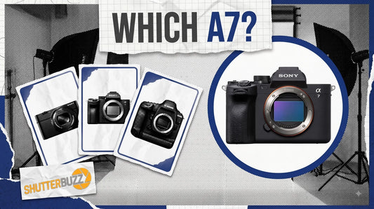 Three fanned camera cards beside a Sony a7 IV camera in a navy ring, headline Which A7