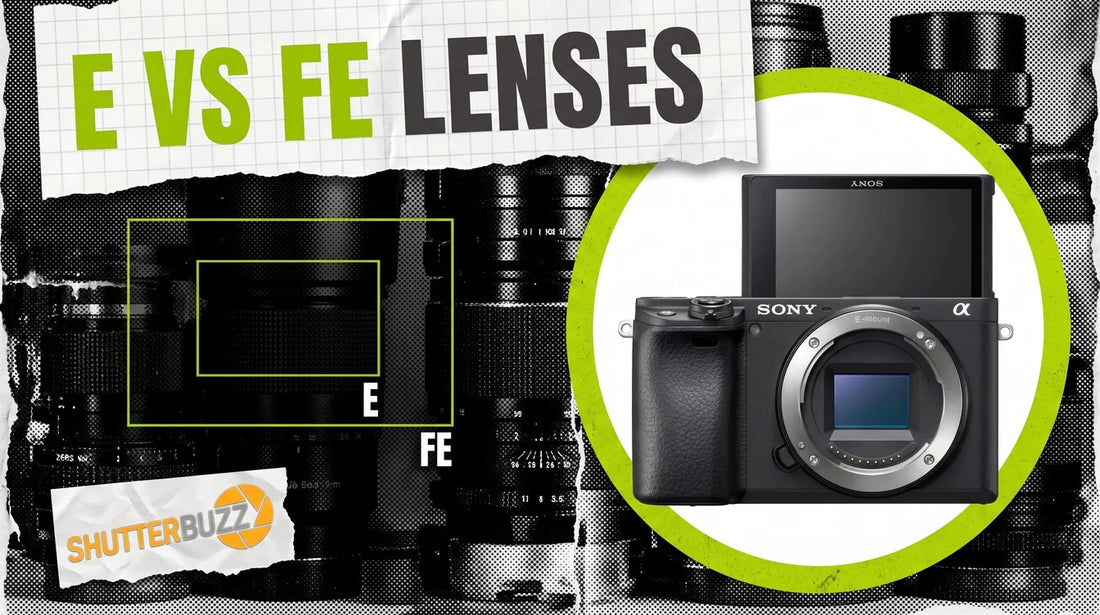 Sensor size outlines labelled E and FE beside a Sony a6400 camera in a lime ring, headline E vs FE Lenses