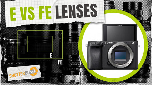 Sensor size outlines labelled E and FE beside a Sony a6400 camera in a lime ring, headline E vs FE Lenses