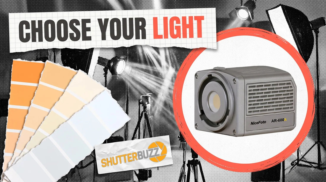 Studio lights and colour swatches beside a NiceFoto AR-600A LED video light in a coral ring, headline Choose Your Light