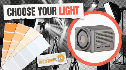 Studio lights and colour swatches beside a NiceFoto AR-600A LED video light in a coral ring, headline Choose Your Light