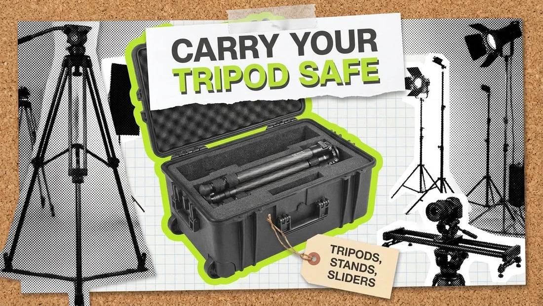 Folded tripod laid in cut foam inside an open wheeled hard case, headline Carry Your Tripod Safe