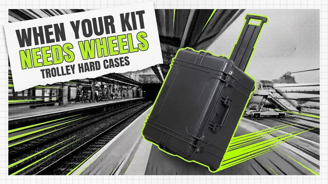 Wheeled black hard case with extended handle rolling past a railway platform, label reading When Your Kit Needs Wheels