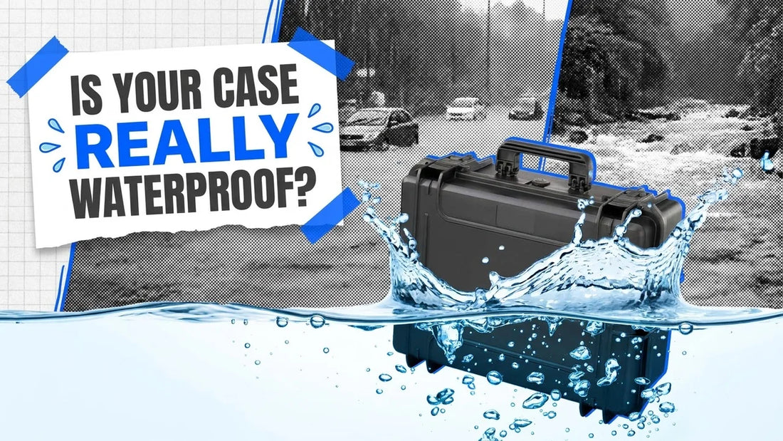 Closed black hard case half submerged in splashing water, with a label asking Is Your Case Really Waterproof