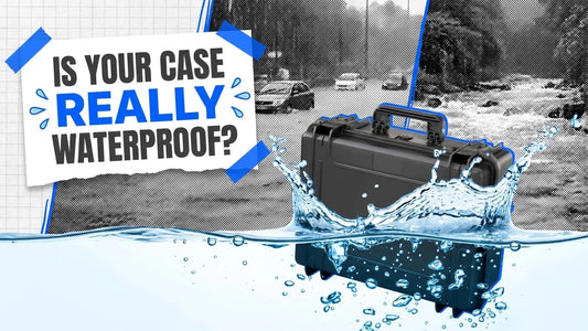 Closed black hard case half submerged in splashing water, with a label asking Is Your Case Really Waterproof