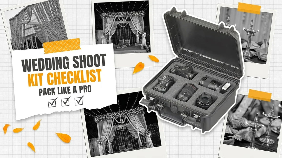 Open hard case with two camera bodies, lenses and a flash among wedding decor photos, label reading Wedding Shoot Kit Checklist