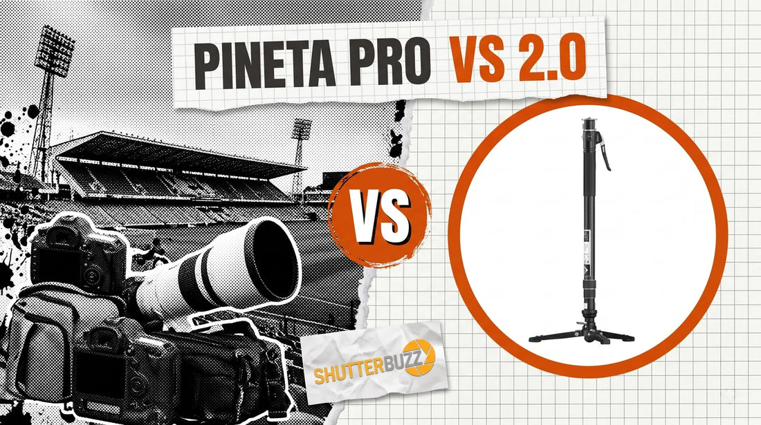 Stadium halftone collage with a VS badge beside a YC Onion PINETA Pro monopod in an orange ring, headline PINETA Pro vs 2.0