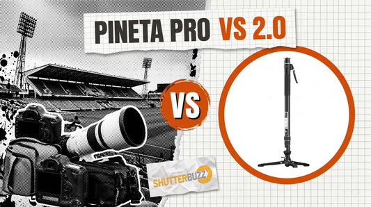 Stadium halftone collage with a VS badge beside a YC Onion PINETA Pro monopod in an orange ring, headline PINETA Pro vs 2.0