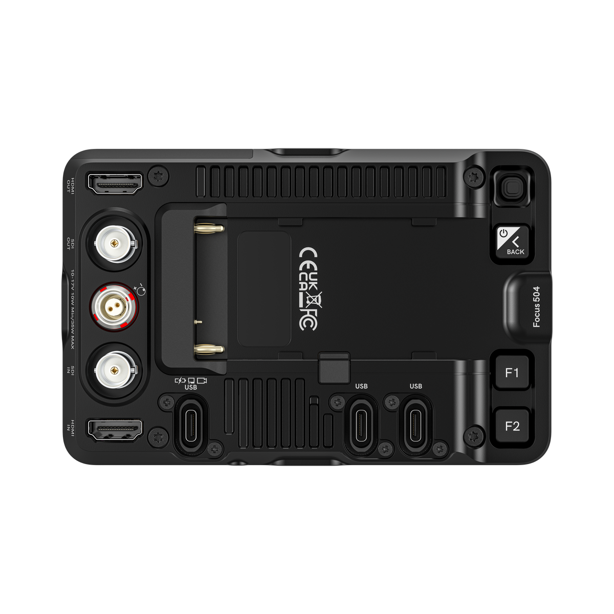 SmallHD Focus 504 monitor back panel with connectors, buttons and mounting plate