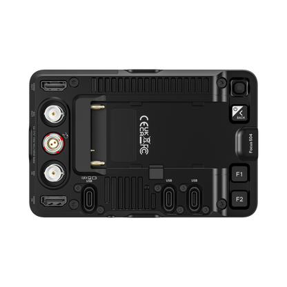 SmallHD Focus 504 monitor back panel with connectors, buttons and mounting plate