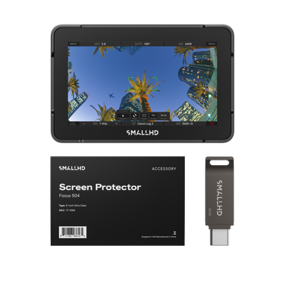 SmallHD Focus 504 monitor with screen protector package and USB accessory