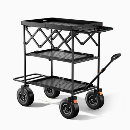 Tarion Titanrig foldable production cart with three perforated shelves, large wheels, and pull handle