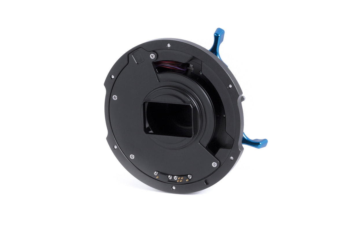 Rear view of the black ARRI LPL mount with blue levers