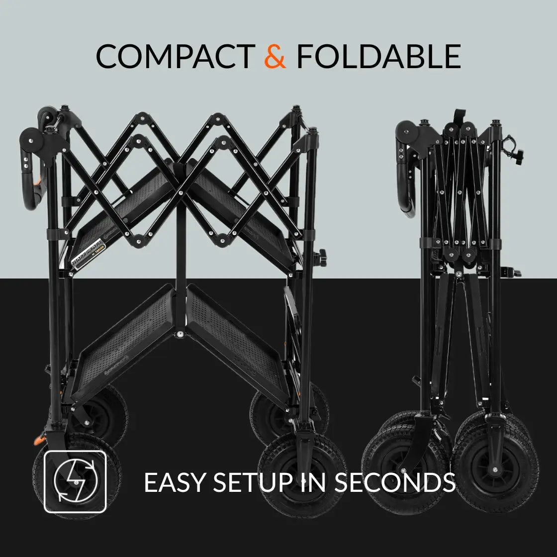 Foldable production cart shown open and collapsed, with scissor-frame supports and large wheels