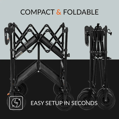 Foldable production cart shown open and collapsed, with scissor-frame supports and large wheels