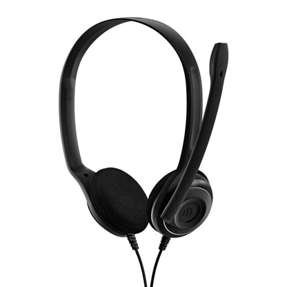 EPOS PC 8 wired on-ear headset, black ear cushions, inline boom microphone