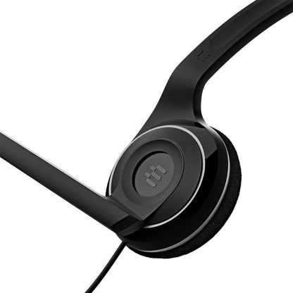 EPOS PC 8 headset earcup detail with noise-canceling mic channel and black padding