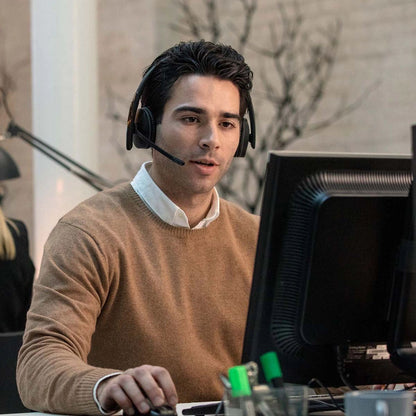 EPOS PC 8 on-ear wired headset worn with boom microphone during call work setup