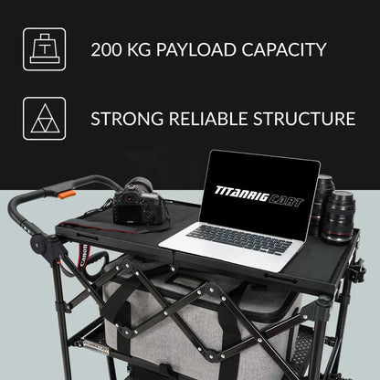 Production cart with camera gear and laptop on its top work surface