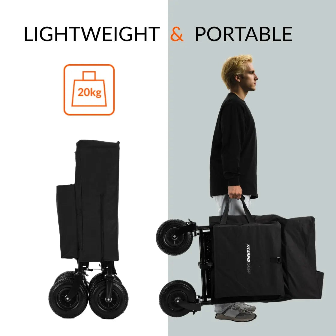Folded production cart with carry bag and wheels, shown upright and carried by its handle