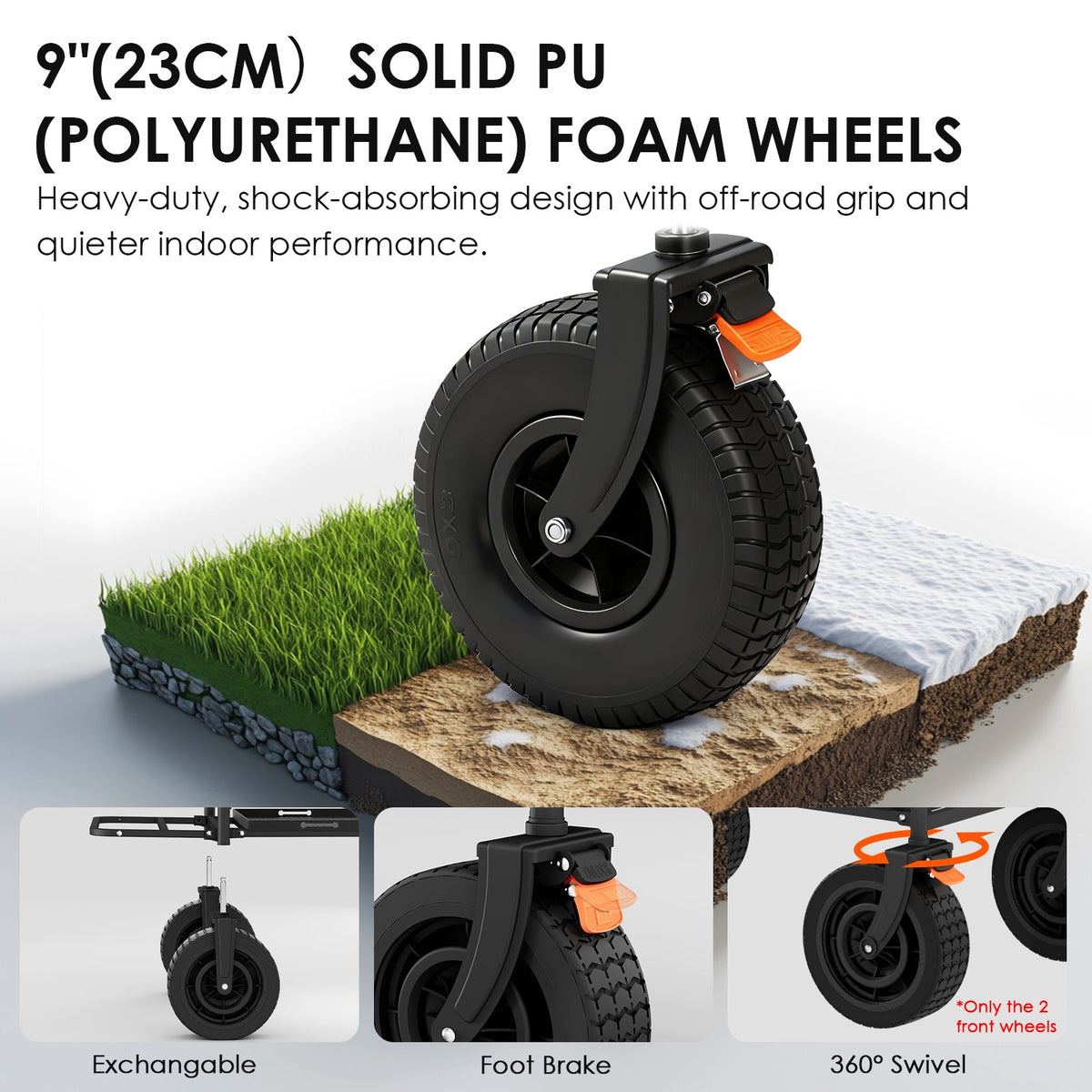 Close-up of a treaded polyurethane foam cart wheel with an orange foot brake