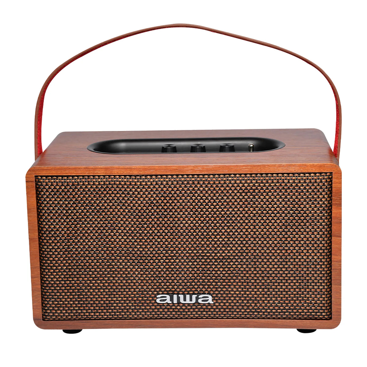 Aiwa retro Bluetooth speaker with wood-look body, front grille, and top control panel