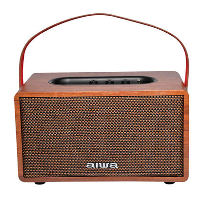 Aiwa retro Bluetooth speaker with wood-look body, front grille, and top control panel