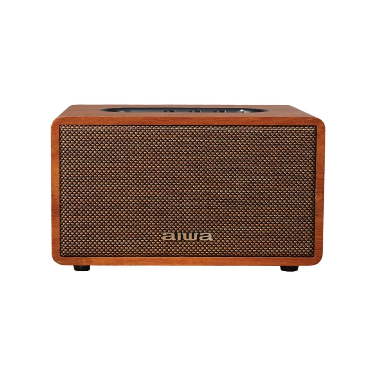 Aiwa retro Bluetooth speaker with front mesh grille and top ports, wood-look cabinet