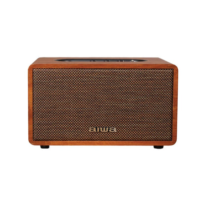 Aiwa retro Bluetooth speaker with front mesh grille and top ports, wood-look cabinet