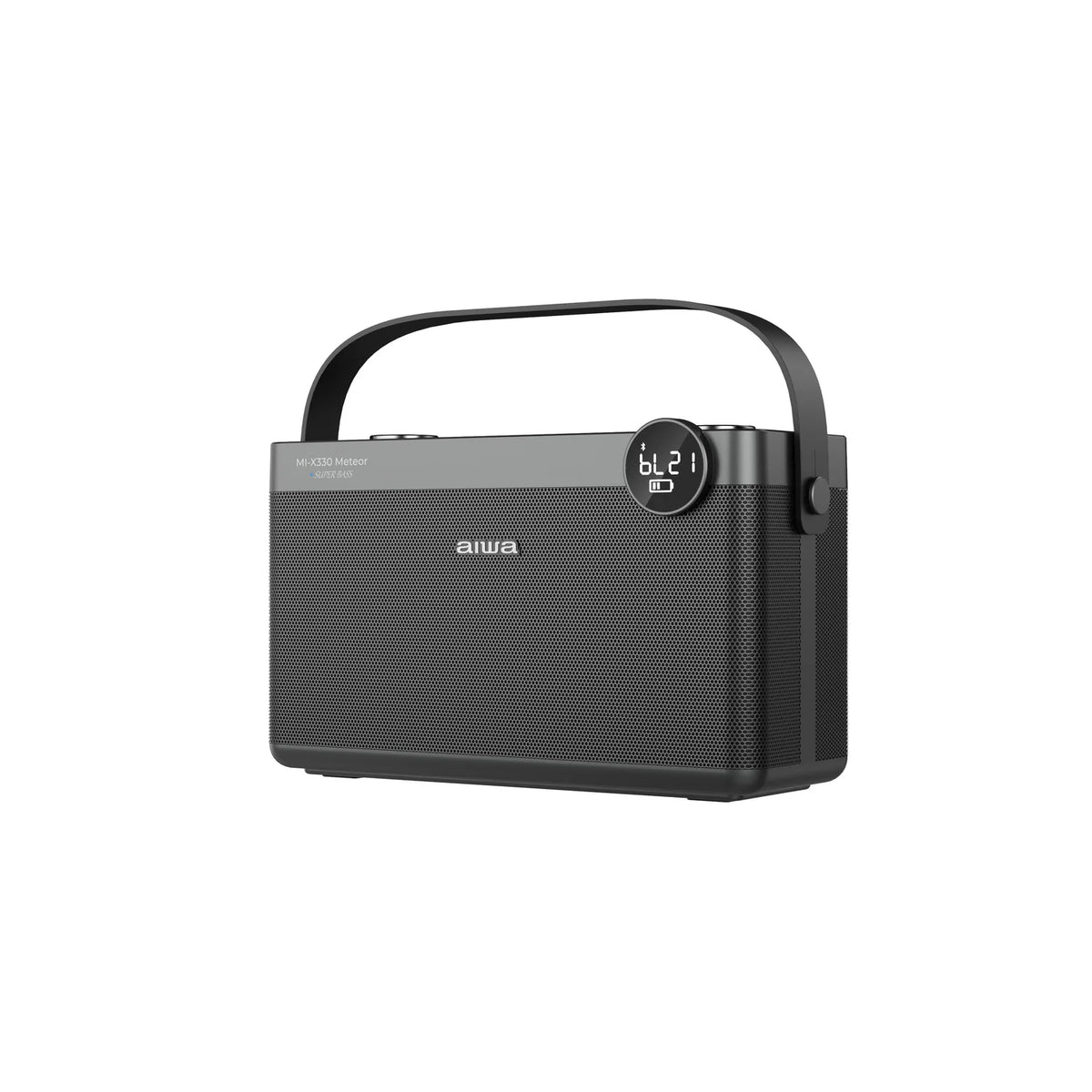 Black portable Bluetooth speaker with side buttons and carrying handle, LED display