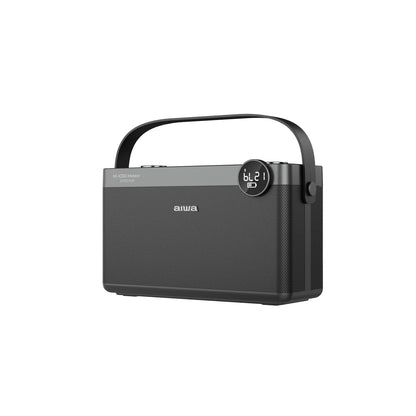 Black portable Bluetooth speaker with side buttons and carrying handle, LED display
