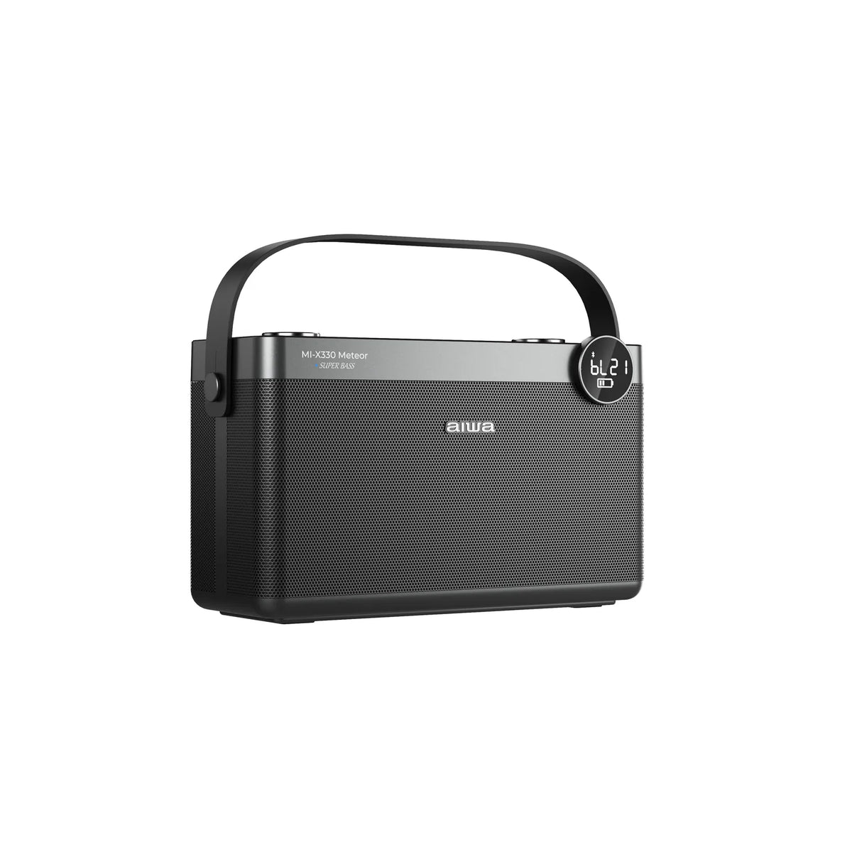 Black portable Bluetooth speaker front grille with side buttons and carrying handle, LED