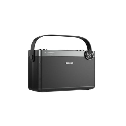 Black portable Bluetooth speaker front grille with side buttons and carrying handle, LED