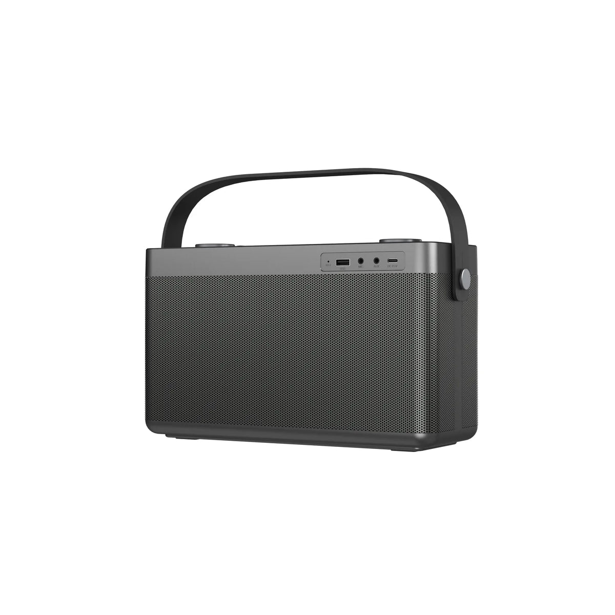 Black portable Bluetooth speaker rear panel with ports and carrying handle