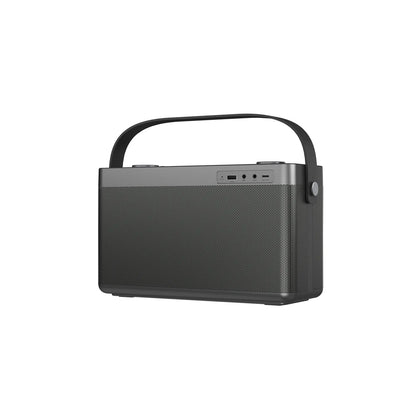 Black portable Bluetooth speaker rear panel with ports and carrying handle