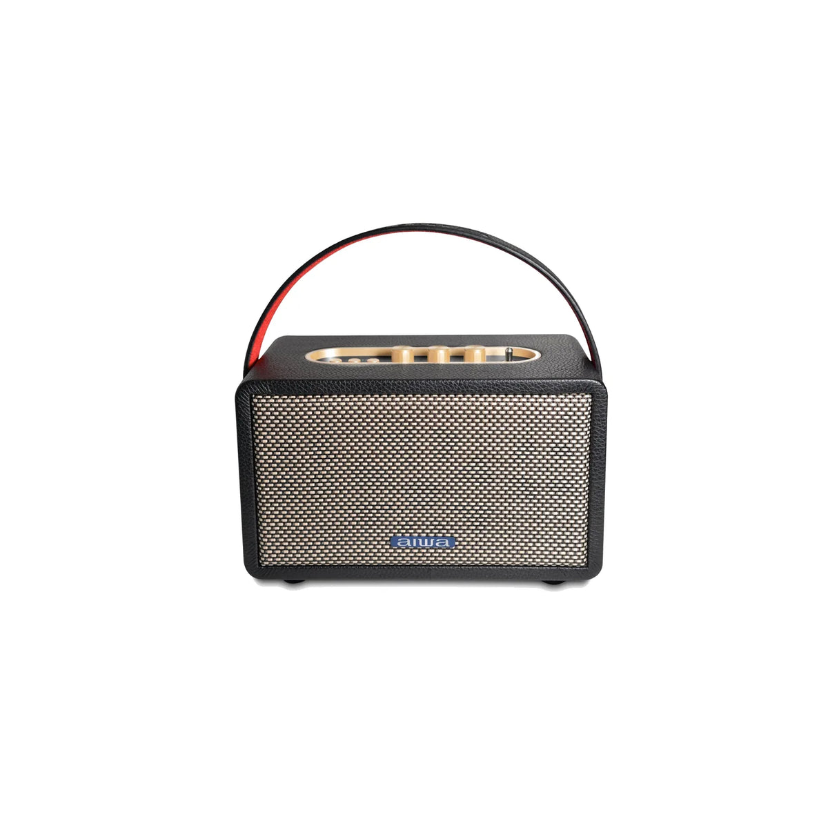 Red-handled Aiwa Bluetooth speaker with gold controls and beige mesh front.