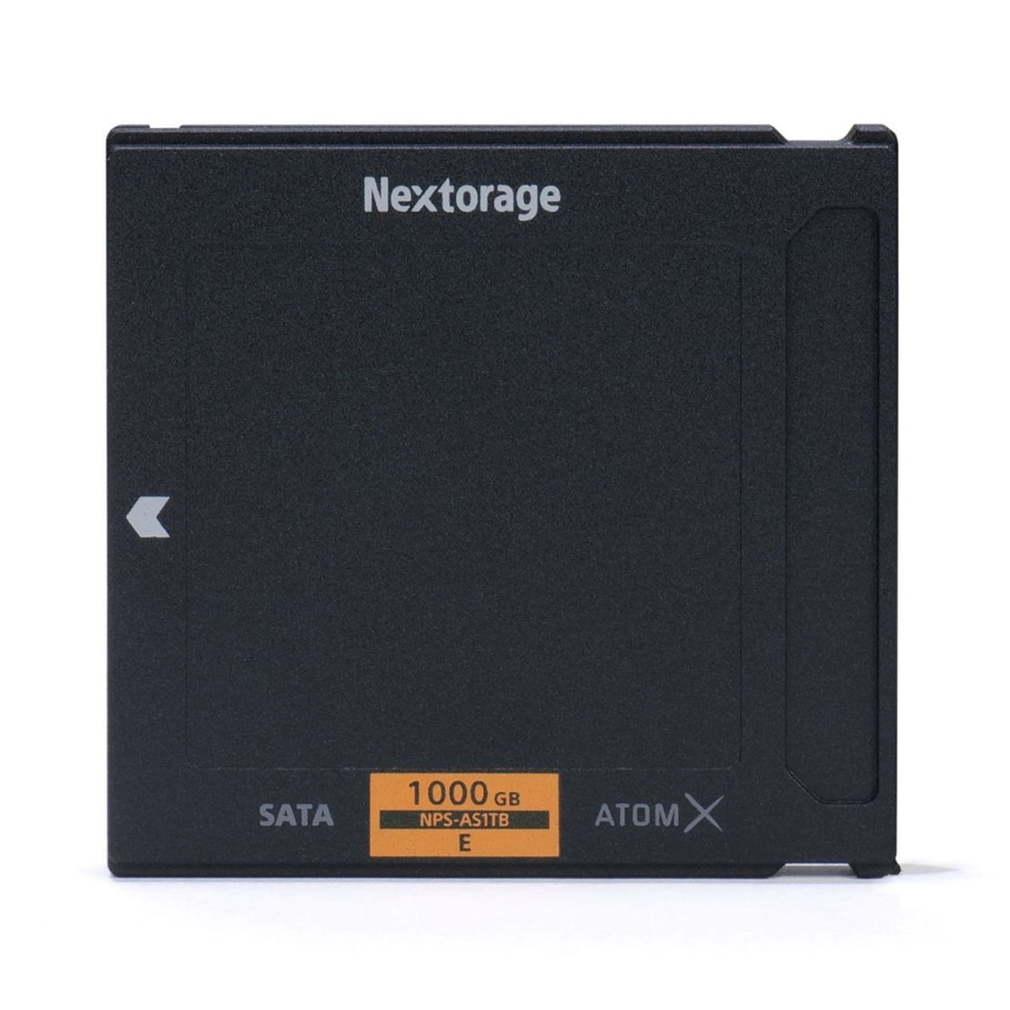 Nextorage AtomX SSDmini 500GB, schwarze Speicherbox mit SATA-Label und Markierungen