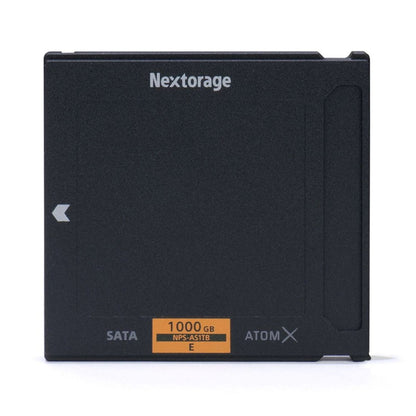 Nextorage AtomX SSDmini 500GB, schwarze Speicherbox mit SATA-Label und Markierungen