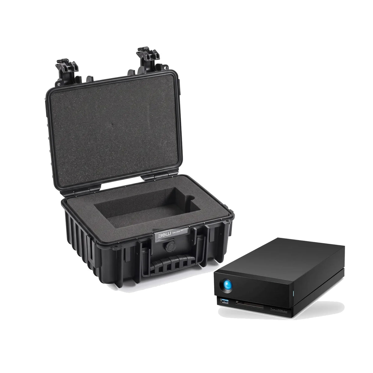 Black hard protective case with open lid and laser-cut foam insert for storage