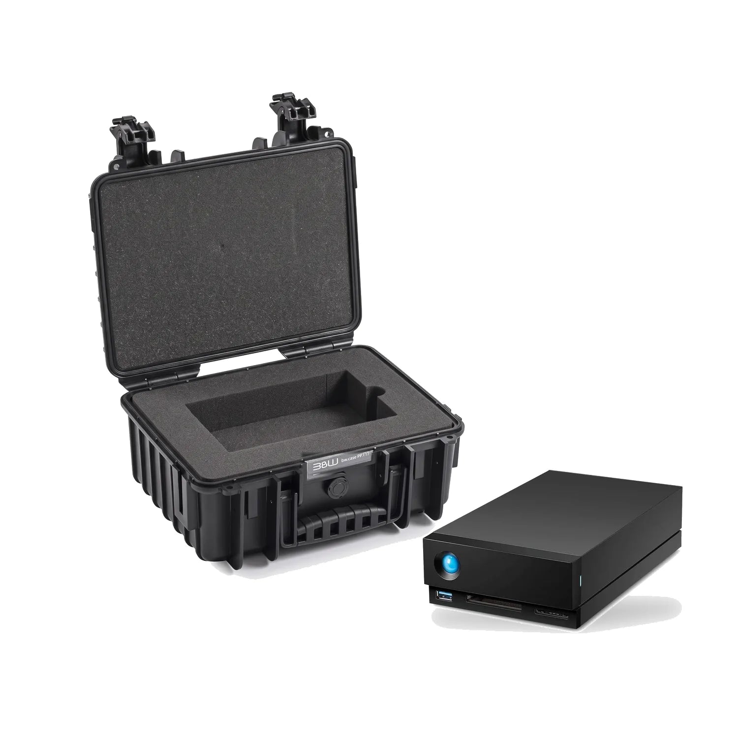 B&W Type 3000 hard case with laser-cut foam, shown beside the LaCie 1big Dock