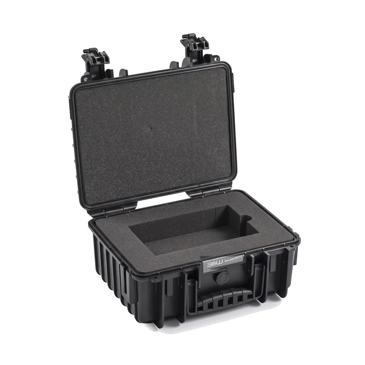 Black hard case open with foam-lined compartment and molded device holder