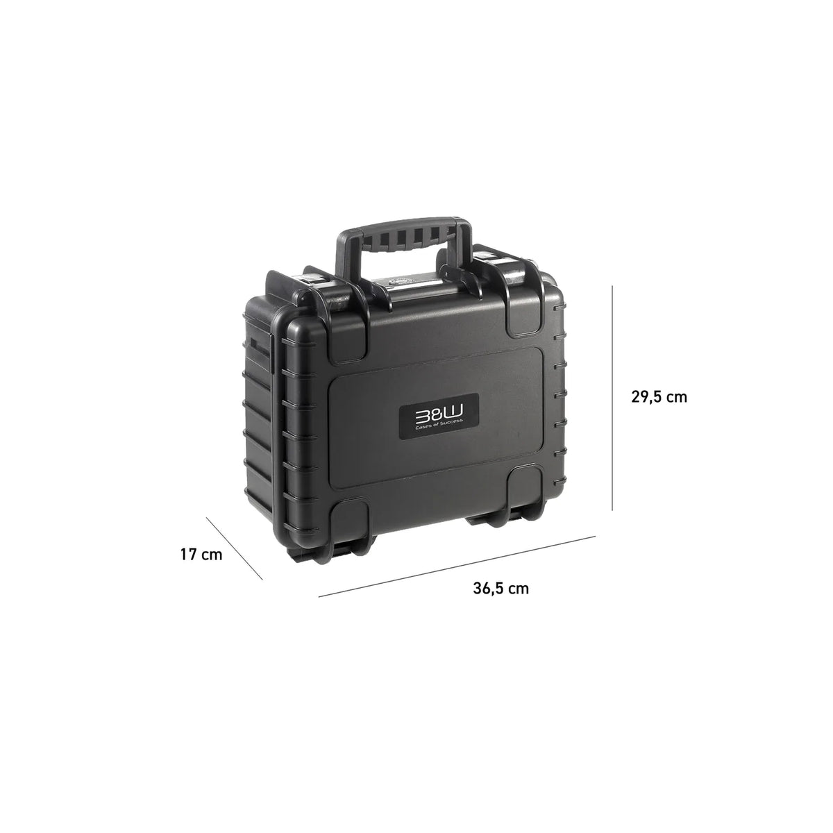 Black hard case with handle; dimensions 36.5 x 17 x 29.5 cm