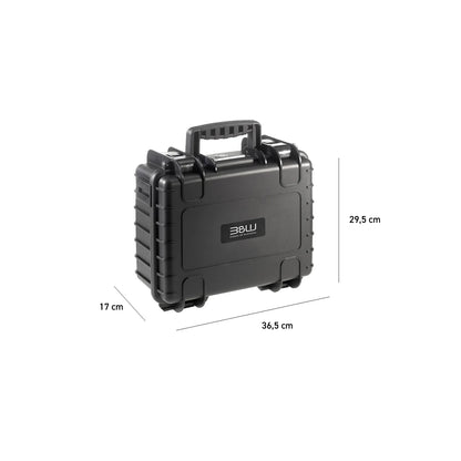 Black hard case with handle; dimensions 36.5 x 17 x 29.5 cm
